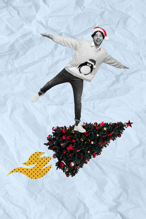 Exclusive magazine picture sketch image of funky funny guy riding flying xmas tree isolated painting backgroundの写真素材