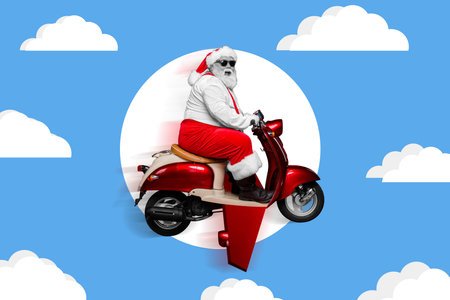 Creative collage photo illustration of excited impressed funny santa fly on scooter in cloudy sky isolated on blue color backgroundの写真素材