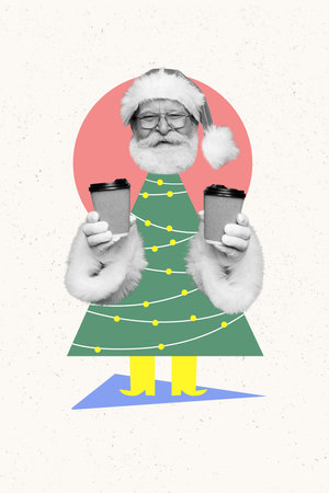Vertical creative collage photo of kind positive santa christmas tree instead of body hold cacao isolated on white color backgroundの写真素材