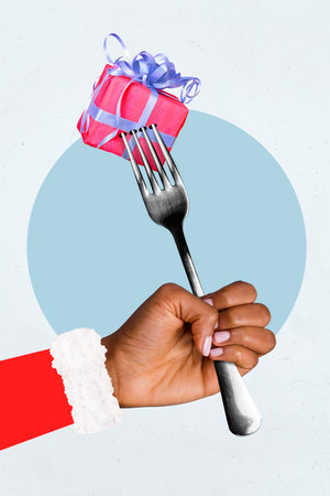 Creative photo 3d collage artwork poster postcard picture of human arm hold fork holiday meal celebration isolated on painting backgroundの写真素材