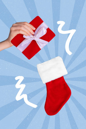 Creative photo 3d collage artwork poster postcard picture banner of human arm put gifts inside sock isolated on painting backgroundの写真素材