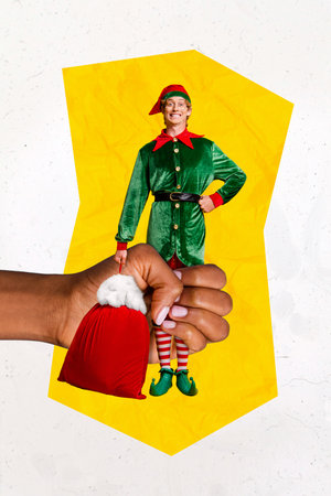 Vertical creative collage photo of childrens hand hold funny smiling little elf leprechaun statuette isolated on white color backgroundの写真素材