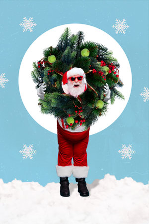 Creative photo 3d collage artwork poster postcard of positive old man enjoy event festive masquerade 2023 isolated on painting backgroundの写真素材