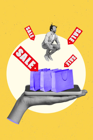 Vertical creative collage of positive good mood satisfied man jump in hand hold phone shopping bags isolated on yellow color backgroundの写真素材