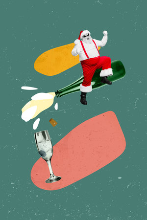 Collage artwork graphics picture of funky lucky santa flying wine bottle enjoying xmas event isolated painting backgroundの写真素材