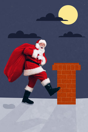 Vertical collage picture of amazed funky grandfather santa walk house roof carry big present bag isolated on creative midnight backgroundの写真素材