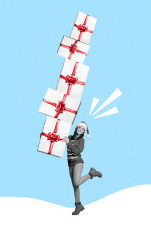 Vertical collage picture of cheerful positive girl black white colors hands hold pile stack giftbox isolated on painted backgroundの写真素材
