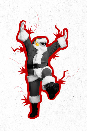 Collage photo of cool grandfather wear sunglasses saint nicholas costume raise hands up listen...
