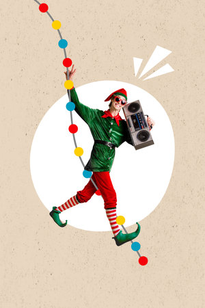 Vertical collage picture of excited funky elf guy walk hold boombox show v-sign x-mas garland...