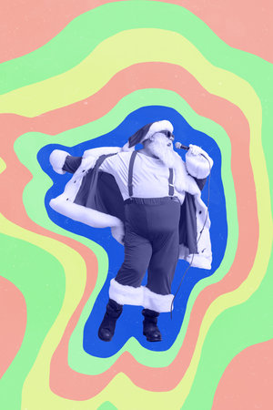 Collage photo banner of old age pensioner santa claus hold microphone sing song excited club invitation xmas night isolated on drawing backgroundの写真素材