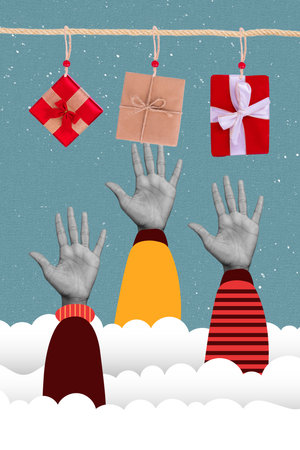 Photo cartoon comics sketch picture of arms growing snow catching hanging xmas presents isolated drawing backgroundの写真素材