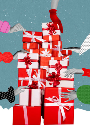 Collage 3d image of pinup pop retro sketch of arms catching tacking xmas gifts pile isolated painting backgroundの写真素材