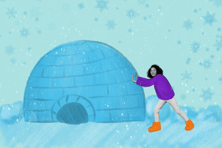 Creative collage image of excited girl black white gamma hands push ice house igloo isolated on drawing snowy backgroundの写真素材