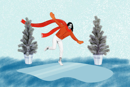 Composite collage picture of excited impressed girl black white colors slip ice frozen lake newyear tree bucket isolated on snowy backgroundの写真素材