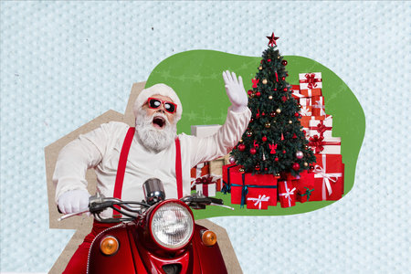 Collage photo banner of pensioner wear saint nicholas costume nice sunglass drive moped after...