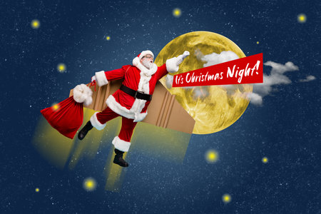 Creative collage image of flying santa claus hold presents sack its christmas night text isolated on night sky full moon backgroundの写真素材