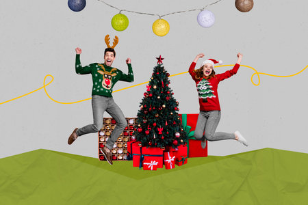 Creative collage picture of two excited overjoyed people jump raise fists newyear tree presents decor isolated on festive backgroundの写真素材