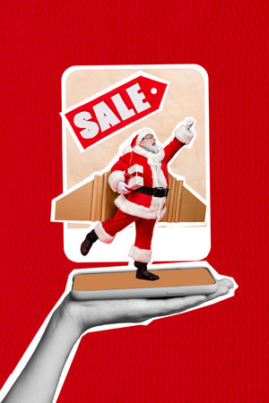 Creative abstract template collage of arm holding device gadget screen santa claus holding present gift cardboard plane wings flyingの写真素材