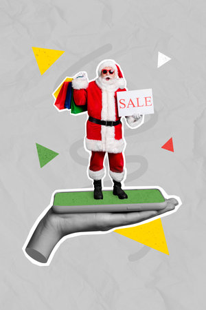 Vertical collage of big black white gamma arm palm hold cellphone display miniature santa claus hold shopping bags sale poster placardの写真素材