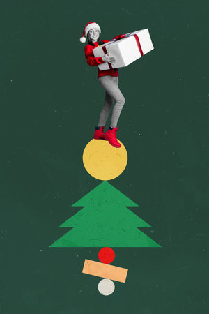Vertical collage image of funny smiling girl black white gamma hold big giftbox stand painted evergreen tree isolated on creative backgroundの写真素材