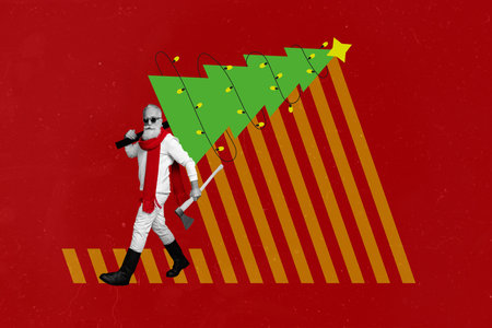 Creative photo 3d collage artwork poster postcard of funny man person cutting new year tree prepare holiday isolated on painting backgroundの写真素材