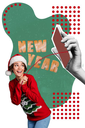 Creative drawing collage picture of arm holding device telephone copyspace attractive beautiful young girl pull bead screen offer shoppingの写真素材