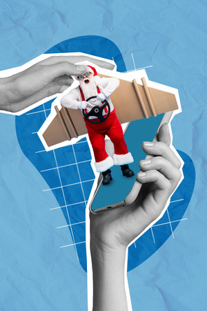 Creative poster collage of arms hold device telephone santa claus costume driving cardboard plane...