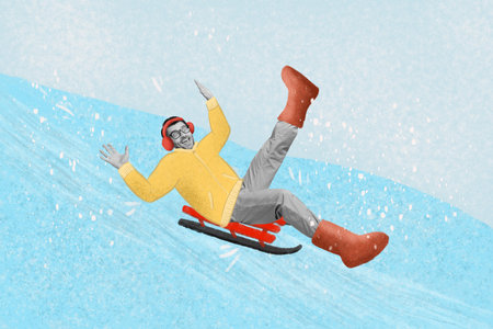 Creative collage image of excited carefree guy black white effect have fun ride sledge isolated on snowy frosty backgroundの写真素材