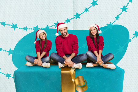 Creative photo 3d collage artwork poster postcard of positive people sit big box dressed family outfit isolated on painting backgroundの写真素材