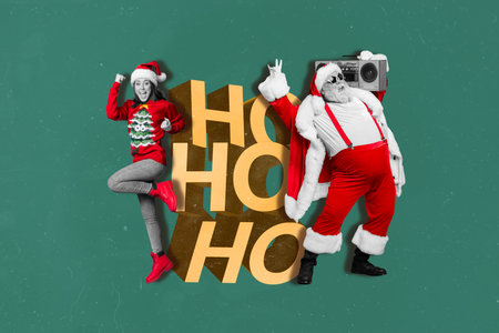 Creative photo 3d collage artwork poster postcard picture of happy people have fun enjoy winter atmosphere isolated on painting backgroundの写真素材