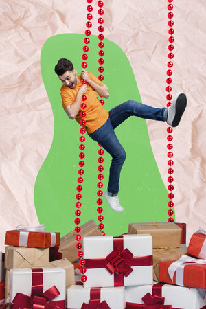 Creative photo 3d collage artwork poster postcard brochure of astonished man find new year gifts...