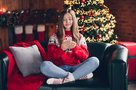 Full body photo of adorable nice person sitting couch use telephone typing greeting newyear tree decor lights indoorsの写真素材