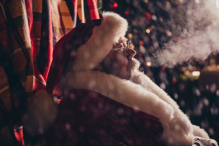 Profile side photo of saint nicholas sitting outdoors breathing fresh frosty air waiting miracle enjoying holiday weekend have relax restの写真素材
