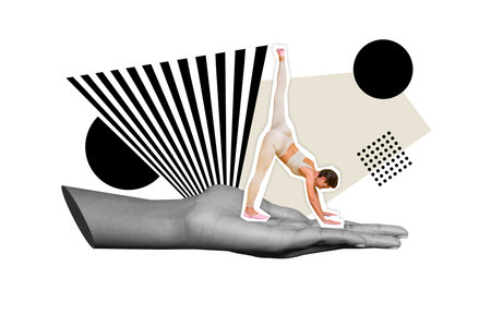 Composite collage image of big hand black white effect hold sportive girl stretching practicing yoga...