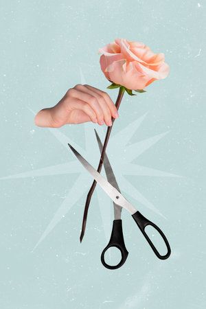 Vertical collage photo of beautiful pink rose hold hand cut flower shop isolated on bright blue color backgroundの写真素材