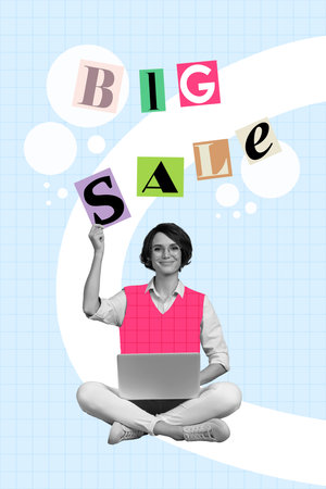 Collage photo concept low prices sale for school september girl hold letters big discount laptop education isolated on plaid painted backgroundの写真素材