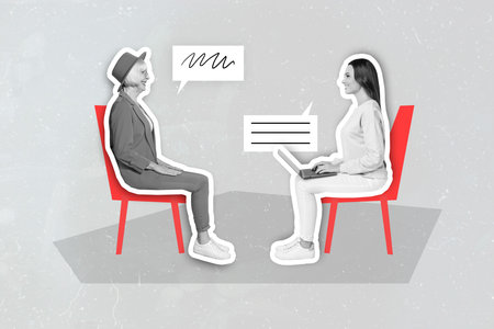 Composite collage illustration of two people black white effect sitting chair use netbook speak communicate isolated on grey drawing backgroundの写真素材