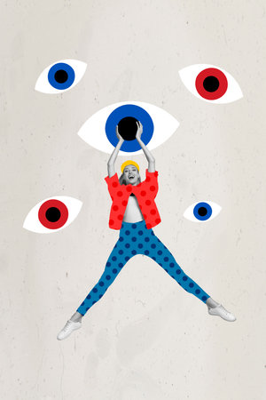 Composite collage image of funny funky jumping woman carefree cheerful watching eyes spying incognito hacker controlling crazy levitationの写真素材