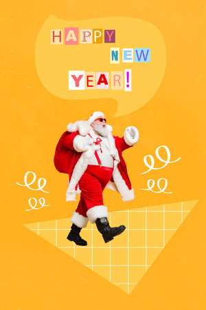 Collage photo of old age senior santa claus costume bring bag with tradition gifts say happy new year announcement isolated on orange color backgroundの写真素材
