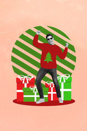 Vertical creative photo collage of good mood crazy funny satisfied guy dancing near gifts presents isolated on pink color backgroundの写真素材