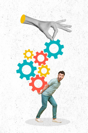 Vertical creative collage photo illustration of impressed speechless guy hold gears on behind back isolated on white color backgroundの写真素材