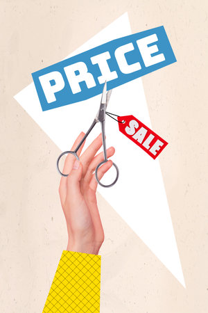 Collage 3d image of pinup pop retro sketch of hand holding scissors cut price sale label trade selling good black friday advertisingの写真素材