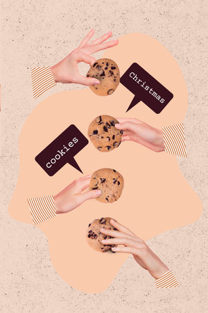 Creative abstract template graphics collage image of arms cooking together x-mas cookies isolated drawing backgroundの写真素材