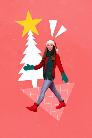 Creative photo 3d collage postcard poster picture of cheerful jolly girl walking street park outdoors isolated on painting backgroundの写真素材