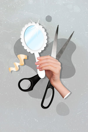 Vertical banner collage of hand hold mirror scissors isolated on painting grey color backgroundの写真素材
