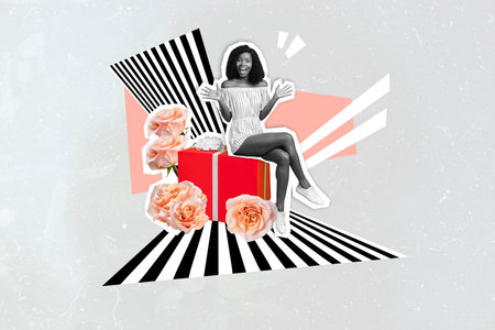 Creative collage image of excited cheerful girl black white colors sit huge giftbox rose flowers isolated on painted backgroundの写真素材