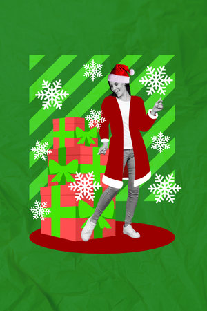 Vertical creative photo collage of satisfied positive cheerful girl dancing near gifts presents isolated on green color backgroundの写真素材