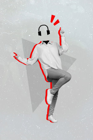 Collage vertical photo of dancing headless listening music human good mood isolated on grey color backgroundの写真素材