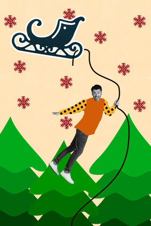 Creative photo 3d collage artwork poster postcard of positive crazy man hold rope sledge fly air isolated on painting backgroundの写真素材