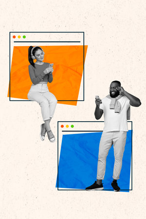 Vertical collage image of two positive people black white colors use telephone chatting communicate...